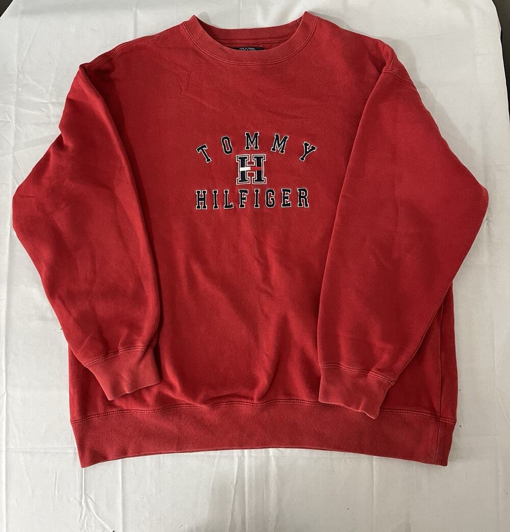 VTG Y2K TOMMY HILFIGER Sweatshirt Large Spellout Pullover Crewneck Red 2000’s
